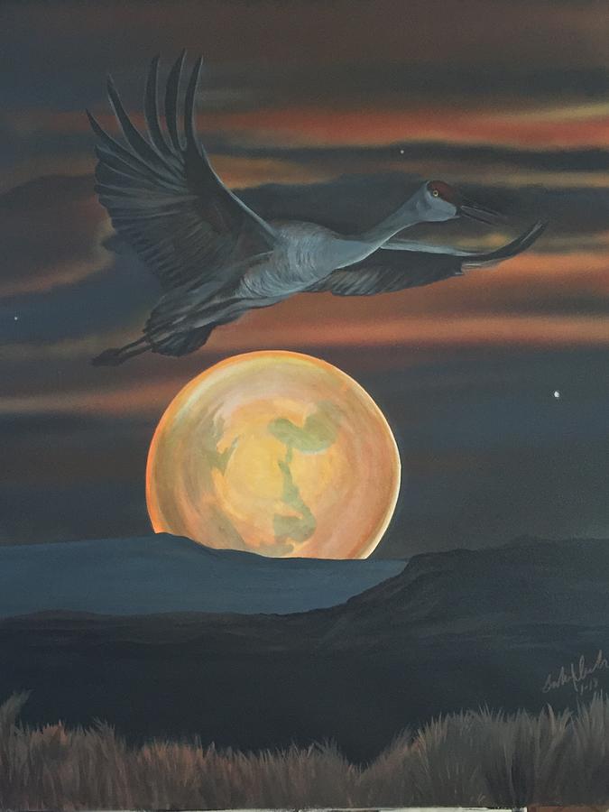 Crane over Los Lunas Mountain Painting by Barbara Andrews