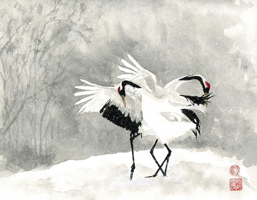 Crane Snow Dance Painting by Terri Harris