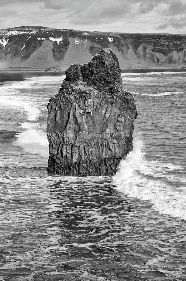 Crashing Wave on Reynisfjara Black Sand Beach Basalt Sea Stack Iceland Black and White Photograph by Shawn OBrien