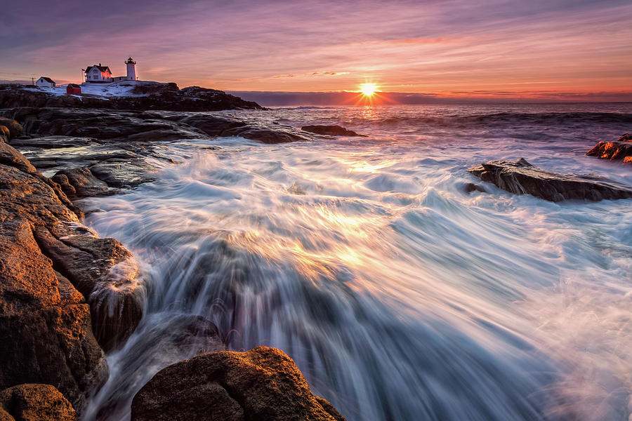 Crashing Waves at Sunrise, Nubble Light.  Photograph by Jeff Sinon