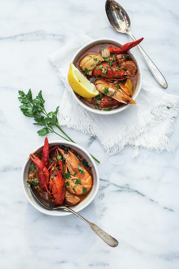 Crayfish Stew With King Prawns In Soup Bowls portugal Photograph by Rika Manabe Photography