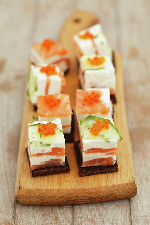 Cream Cheese & Smoked Salmon Terrine With Courgette And Caviar, On Pumpernickel Photograph by Rua Castilho