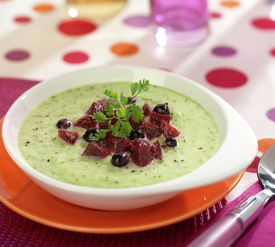Cream Of Courgette Soup With Blackcurrants Photograph by Bertram