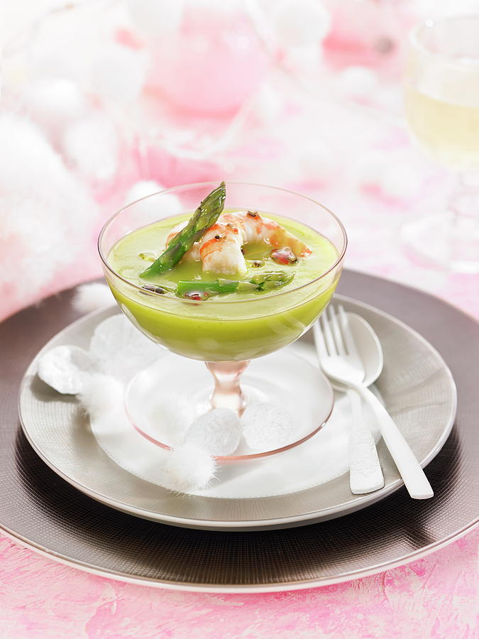 Cream Of Green Asparagus With Grilled King Prawns And Hot Pepper Oil Photograph by Lawton