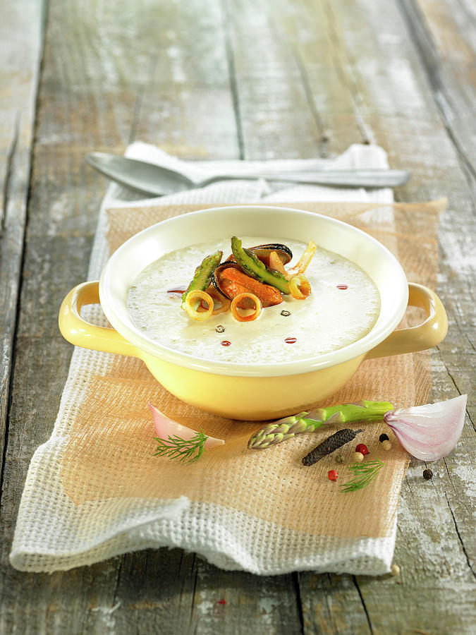 Cream Of Leek Soup With Green Asparagus And Mussels Photograph by Lawton