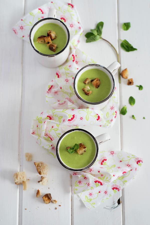 Cream Of Pea Soup With Croutons Photograph by Sonia Chatelain