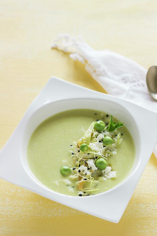 Cream Of Pea Soup With Feta Cheese And Bean Sprouts Photograph by Vernica Orti