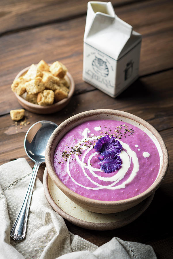 Cream Of Purple Cabbage Soup With Croutons And Cream Photograph by Giulia Verdinelli Photography