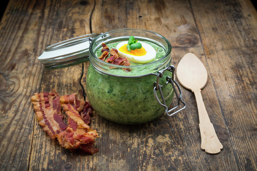 Cream Of Spinach Soup With Egg And Crispy Bacon In A Jar Photograph by Larissa Veronesi