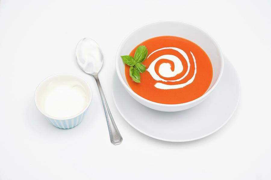Cream Of Tomato Soup With Sour Cream And Basil Photograph by Michael Wissing