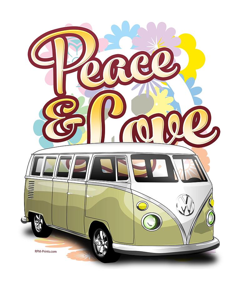 Vintage Digital Art - Cream Volkswagen Type 2 Minibus Peace and Love by Jim Schuett
