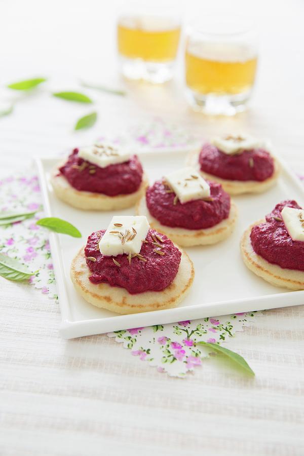 Creamed Beetroot And Goats Cheese Blinis Photograph by Tombini