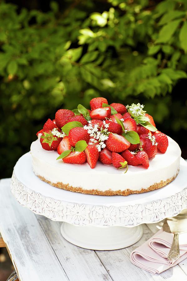 Creamy Cheesecake With Strawberries On A Garden Table Photograph by Tine Guth Linse