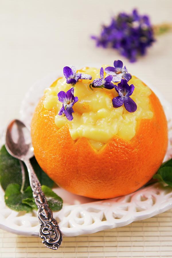 Creamy Orange Dessert With Violets Photograph by Halmos, Monika