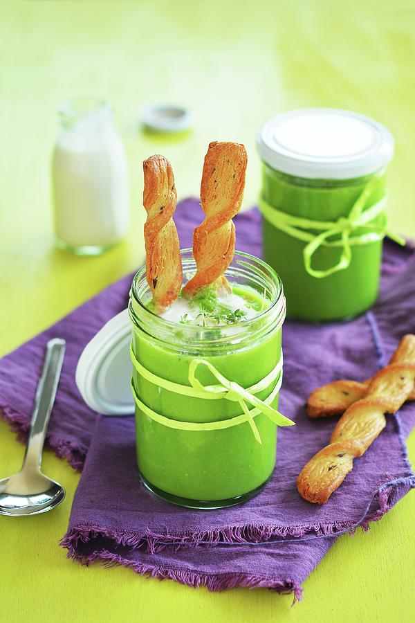 Creamy Pea Soup In Glasses With Pastry Sticks Photograph by Mariola Streim
