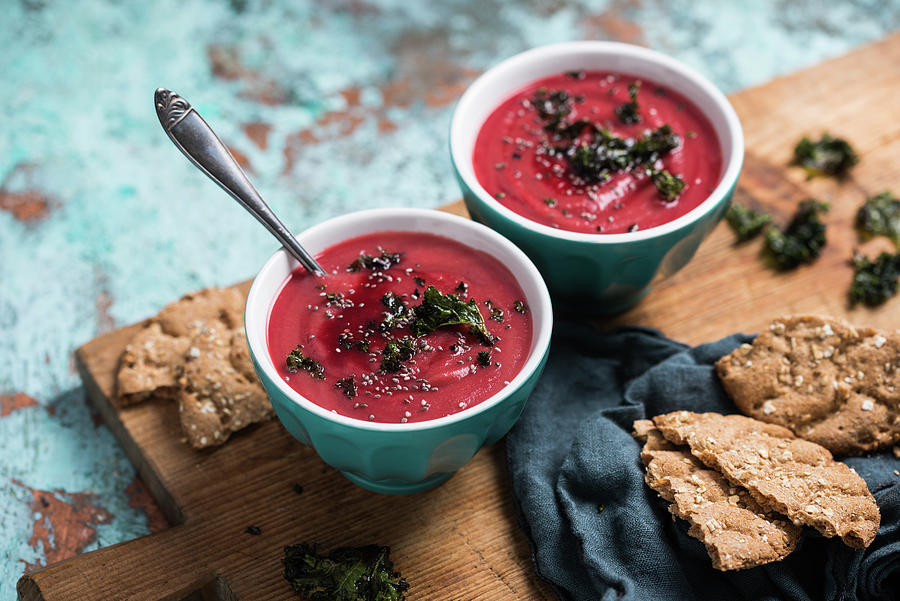Creamy Potato And Beetroot Soup With Chia Seeds And Crispy Fried Green Kale vegan Photograph by Kati Neudert