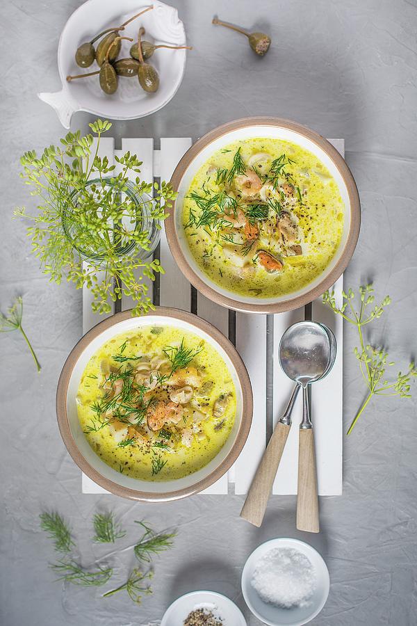 Creamy Seafood Chowder With Smoked Haddock, Praws, Mussels, Squid And Dill Photograph by Magdalena Hendey
