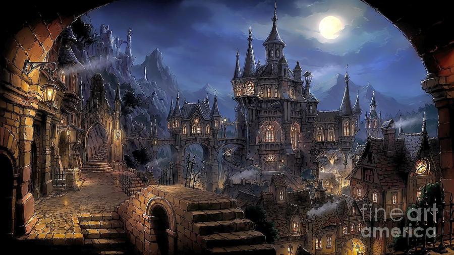 Creepy Halloween Haunted Castle Towering Over City Ultra Hd Drawing