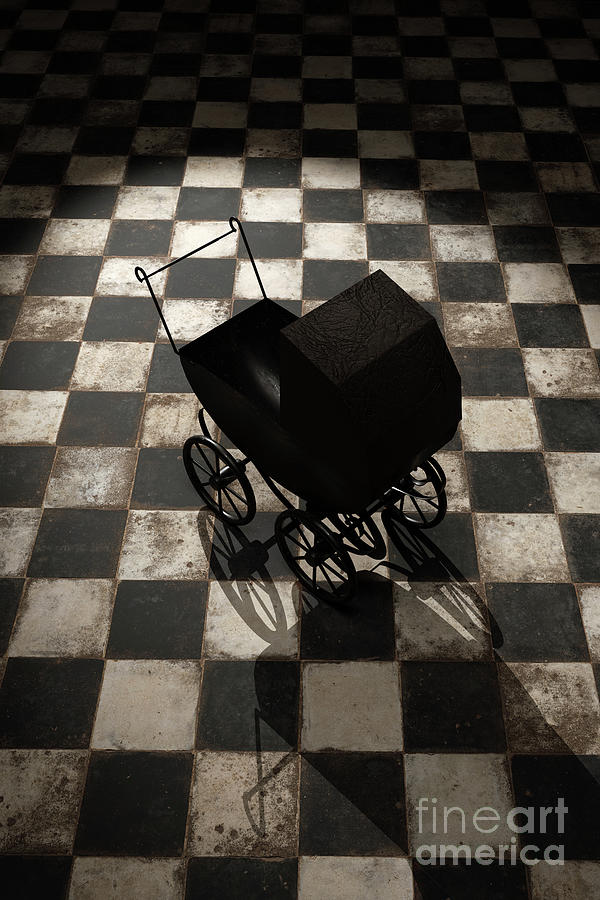 Creepy Vicorian Doll Pram on Checkered Floor Digital Art by Clayton Bastiani