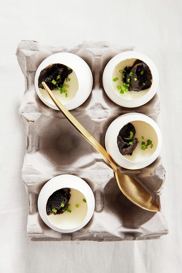 Creme Brulee With Truffles And Parmesan In Egg Shells Photograph by Danny Lerner