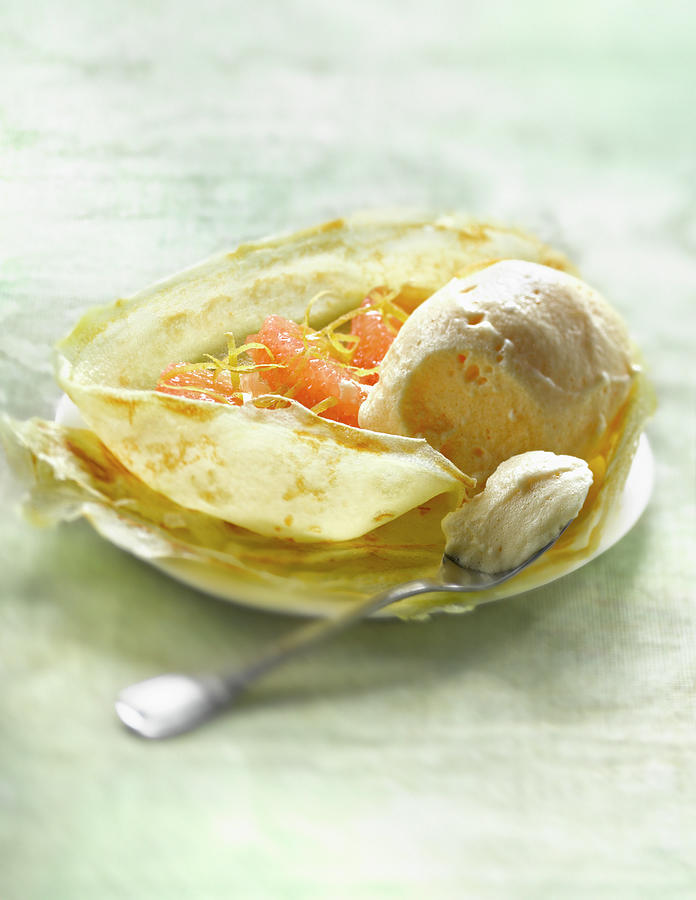Ice Cream Photograph - Crepe Au Sorbet Pamplemousse Pancake With Grapefruit Sorbet by Studio - Photocuisine