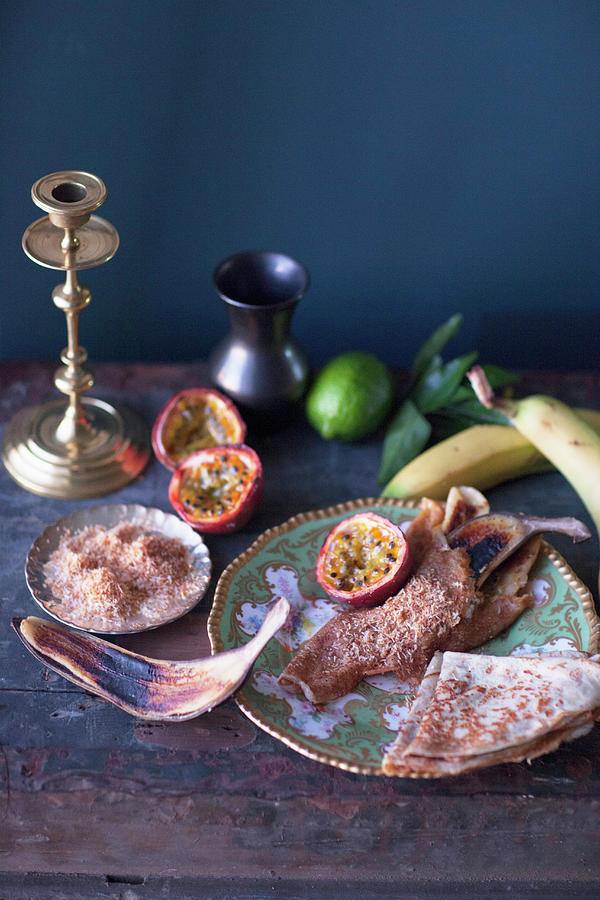 Crepes With Grilled Passion Fruit, Bananas And Roasted, Grated Coconut Photograph by Great Stock!