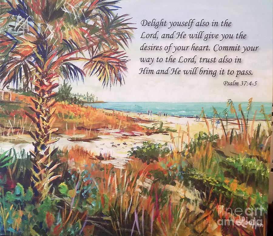 Crescent Beach with Psalm 37 Painting by Lou Ann Bagnall