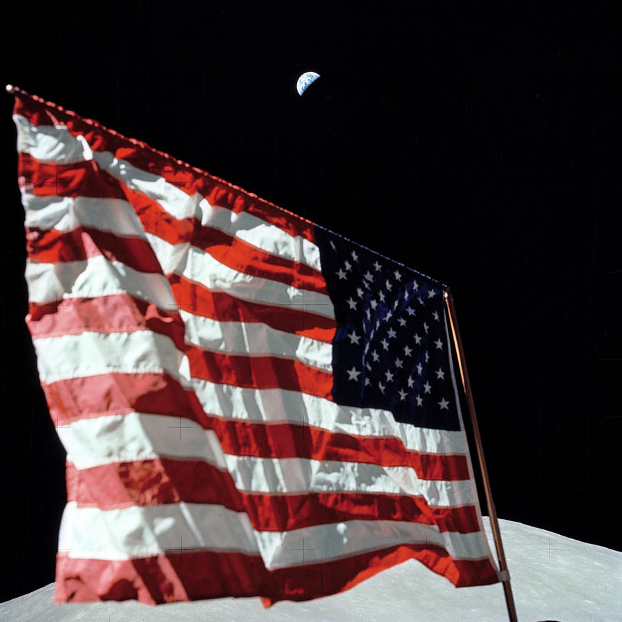 Crescent Earth And The American Flag Photograph