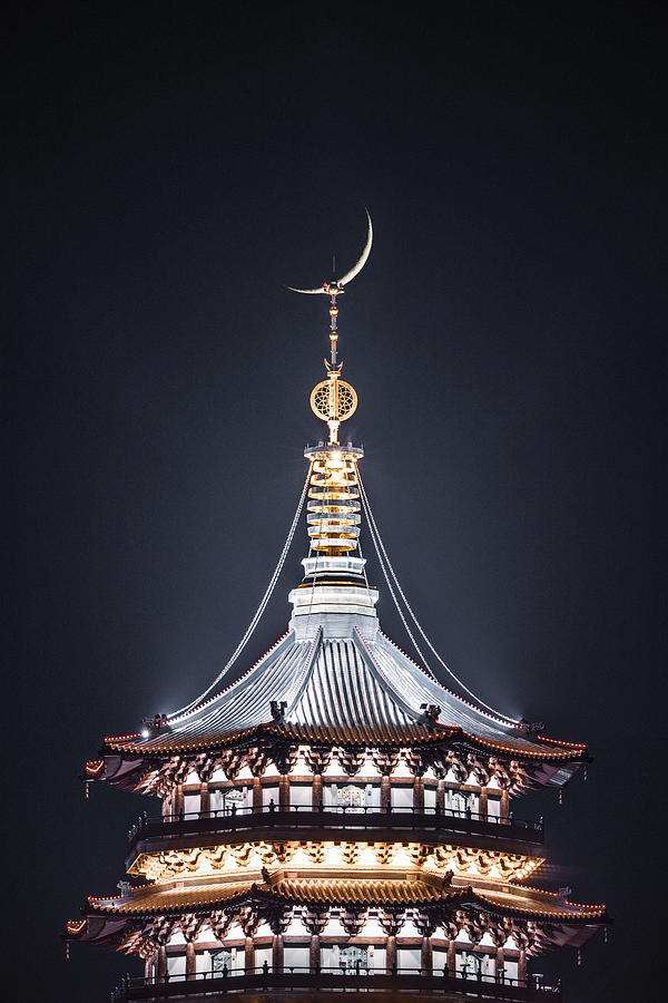 Pagoda Photograph - Crescent Moon Over Pagoda by Ran Shen