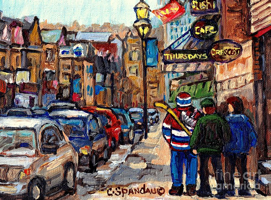 Hockey Painting - Crescent Street Downtown Stroll After St Patrick Parade Canadiens Hockey Jersey C Spandau Quebec Art by Carole Spandau