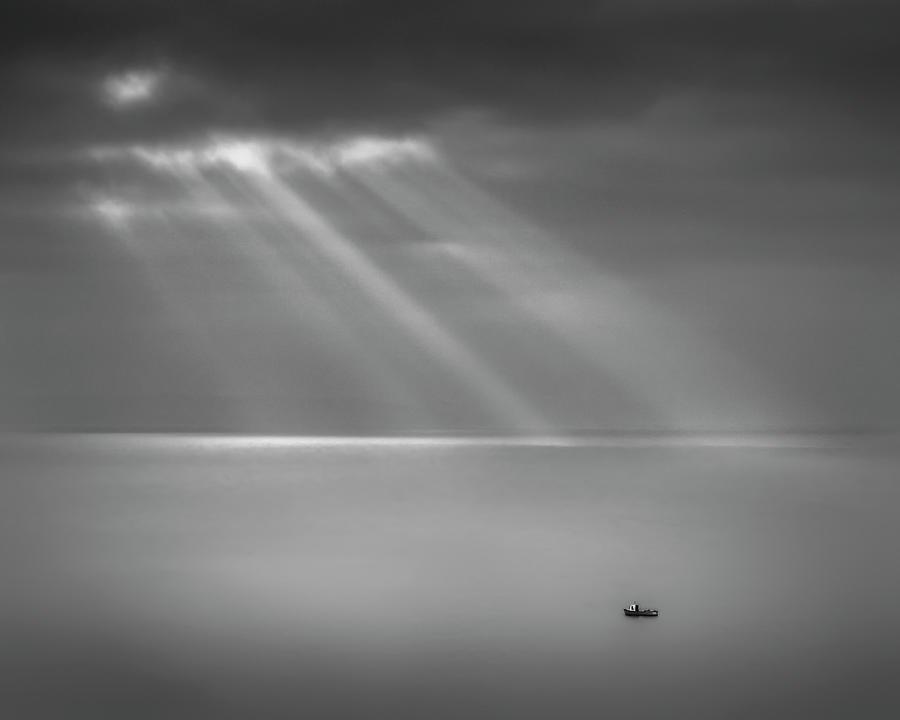Black And White Photograph - Crespecular Rays Over Bristol Channel by Paul Simon Wheeler Photography