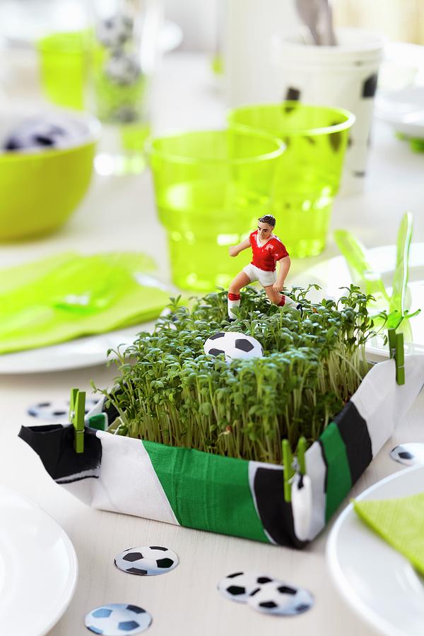 Cress As A Table Decoration And As A Seasoning With Football Decorations Photograph by Franziska Taube