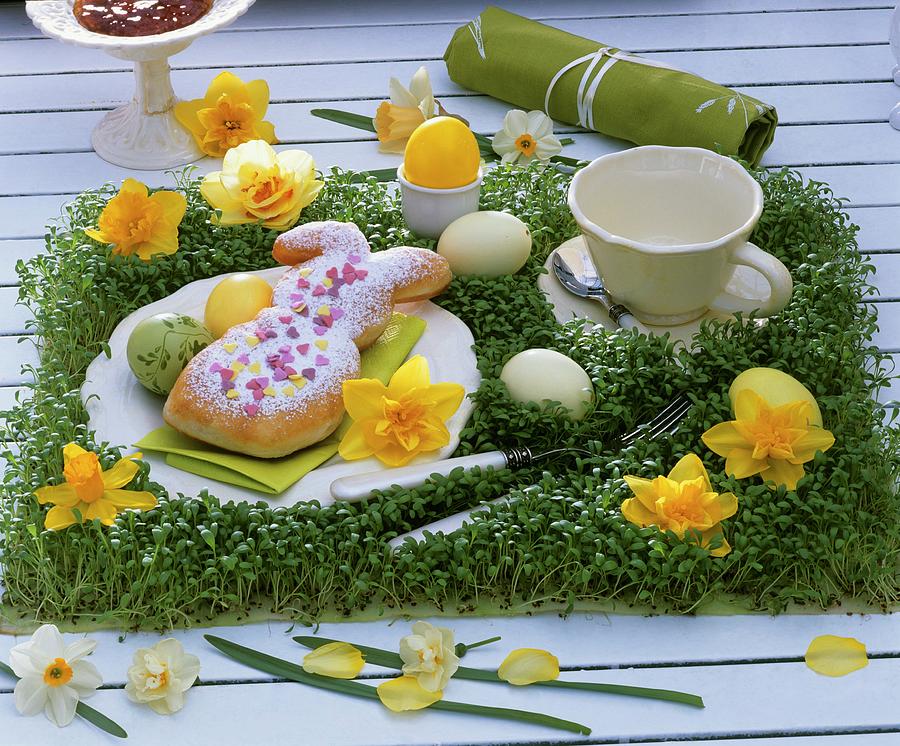 Cress Table Mat With Narcissi, Easter Eggs & Baked Easter Bunny Photograph by Friedrich Strauss