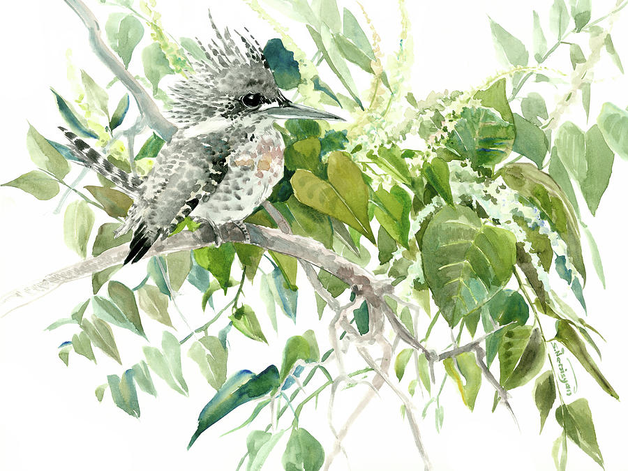 Crested Kingfisher and Japanese Knotweed Painting by Suren Nersisyan
