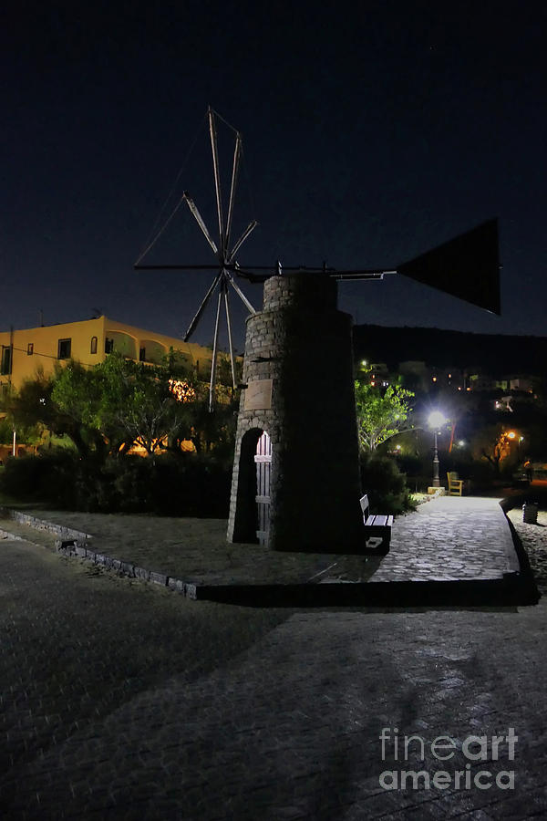 Cretan Windmill At Night Photograph