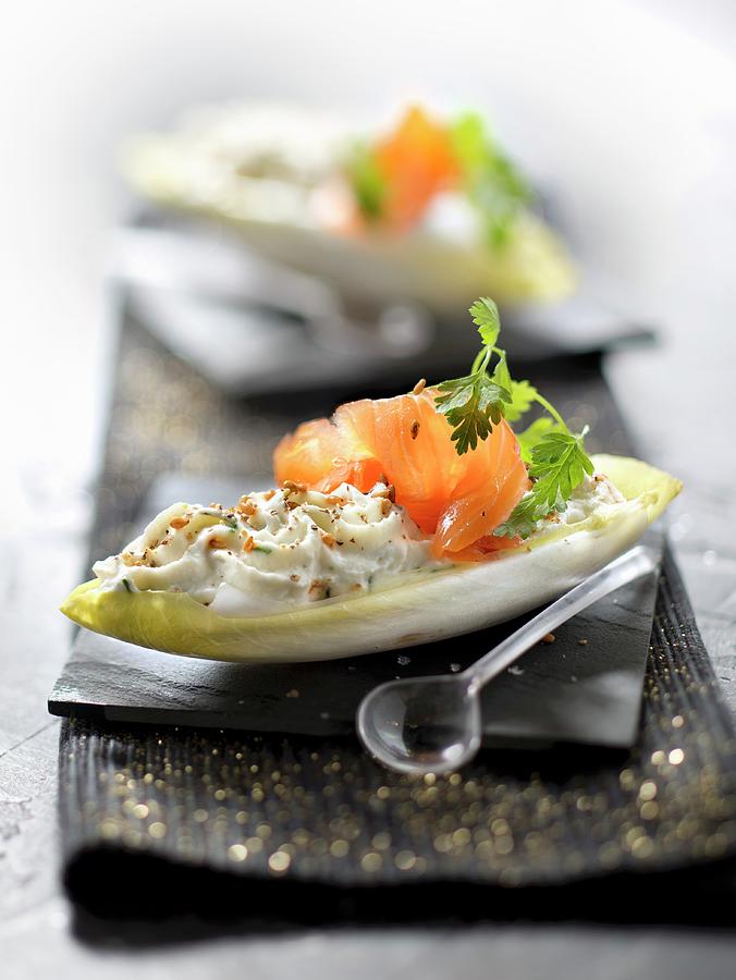 Crisp Chicory Leaves Garnished With Ricotta, Dill And Smoked Salmon Photograph by Studio