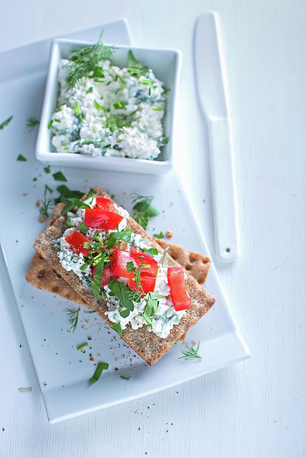 Crispbread Topped With Herb Cottage Cheese Photograph by Jalag / Stefan Bleschke