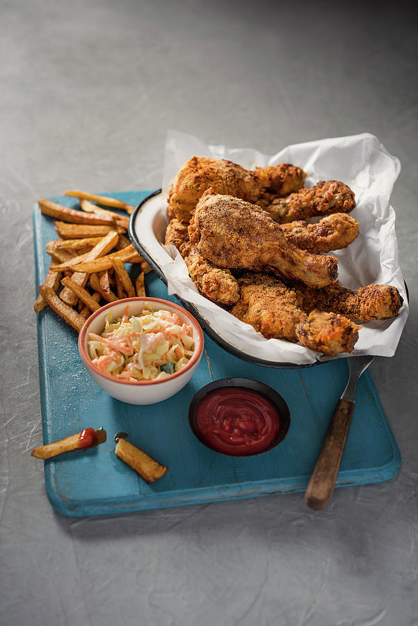 Crispy American Style Chicken With Chips And Coleslaw Photograph by Magdalena Hendey