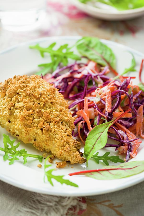 Crispy Breaded Chicken Breast With Coleslaw Photograph by Jonathan Short