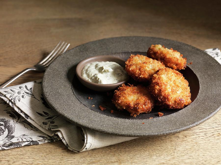 Crispy Fish Cakes With A Dip Photograph by Jonathan Gregson