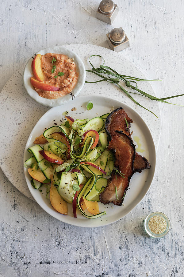 Crispy Porchetta Salad With Zucchini And Peaches Photograph by Lilia Jankowska