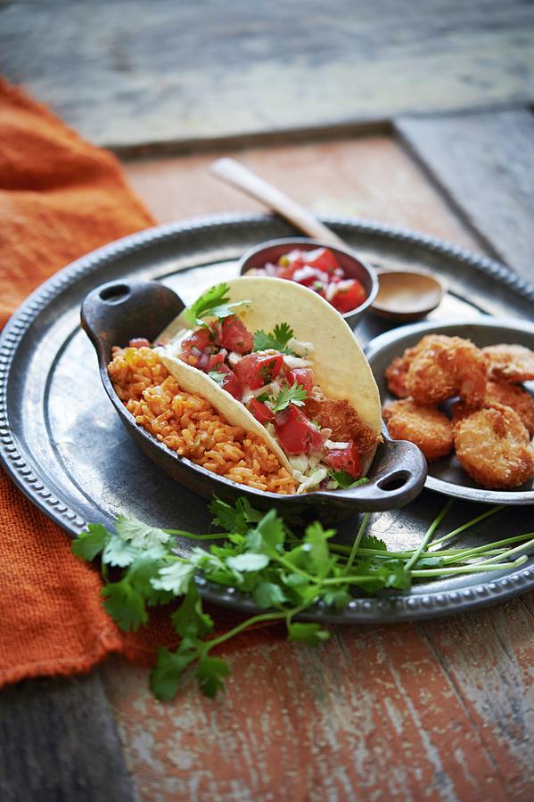 Crispy Shrimp Tacos With Pico De Galo Salsa, Cumin Cabbage Slaw And Cilantro. With Spanish Rice Photograph by Greg Rannells