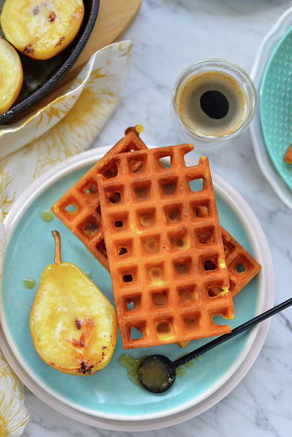 Crispy Waffles With Roasted Pears Photograph by Karolina Smyk