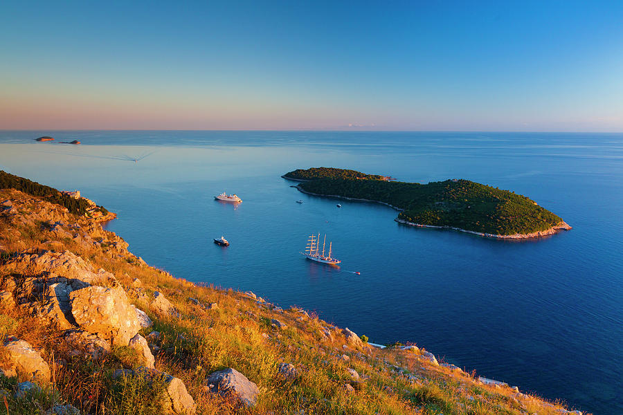 Croatia, Dalmatia, Dubrovnik, Mediterranean Sea, Adriatic Sea, Adriatic Coast, Panorama With Island Of Lokrum And Cruise Ships Digital Art by Olimpio Fantuz