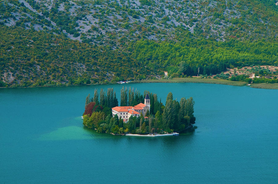 Croatia, Dalmatia, Krka National Park, View Of Visovac Monastery In The Middle Of Krka River Digital Art by Aldo Pavan