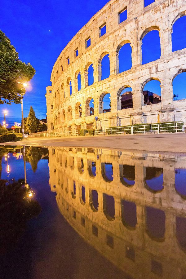 Croatia, Istria, Adriatic Coast, Pula, Blue Hour Reflex At The Arena, The Well Preserved Amphitheatre Build Roman Empire Digital Art by Manfred Bortoli