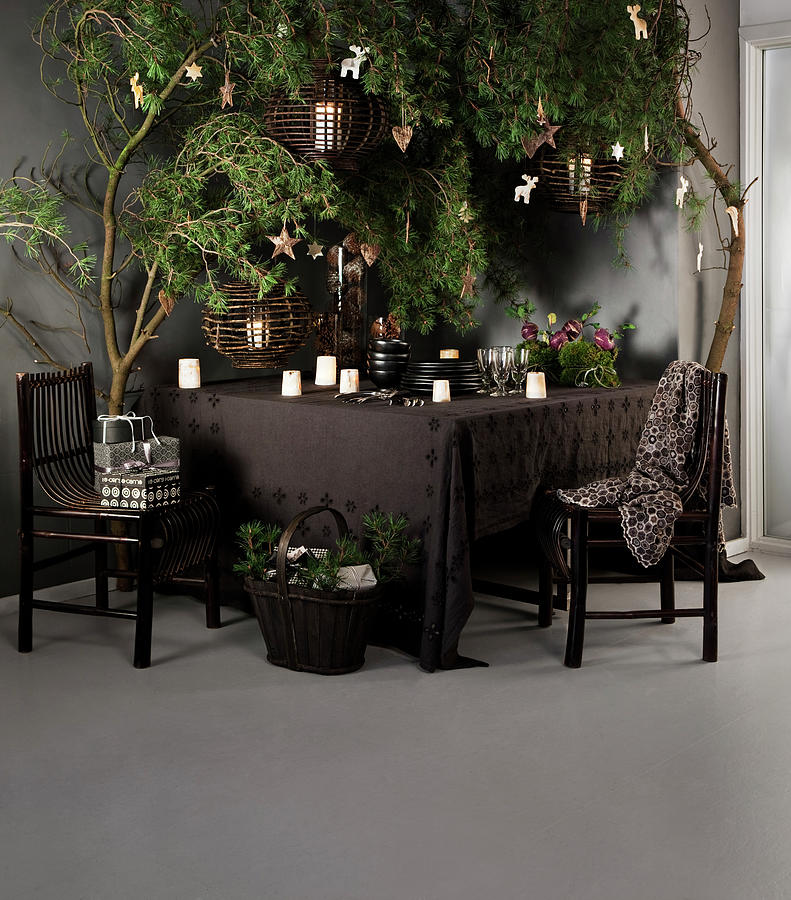 Crockery And Candle Lanterns On Brown Tablecloth Under Branches Decorated For Christmas Photograph by Lykke Foged & Morten Holtum