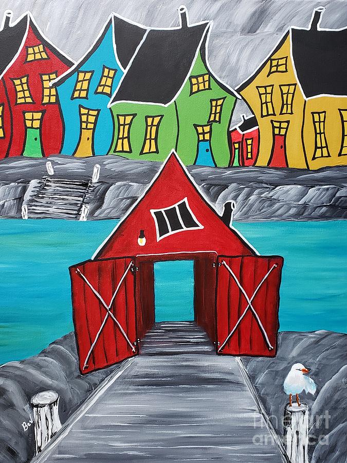 Seagull Painting - Crooked Houses And Fishing Stage -#6 by Beverly Livingstone