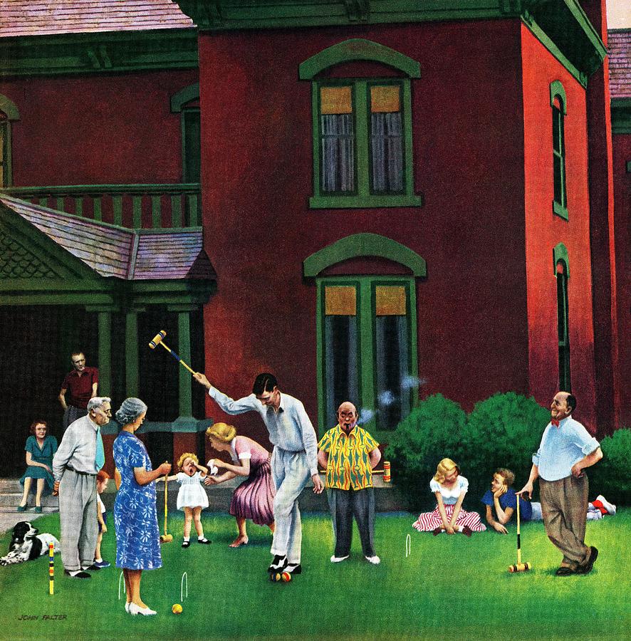 Vintage Drawing - Croquet Game by John Falter