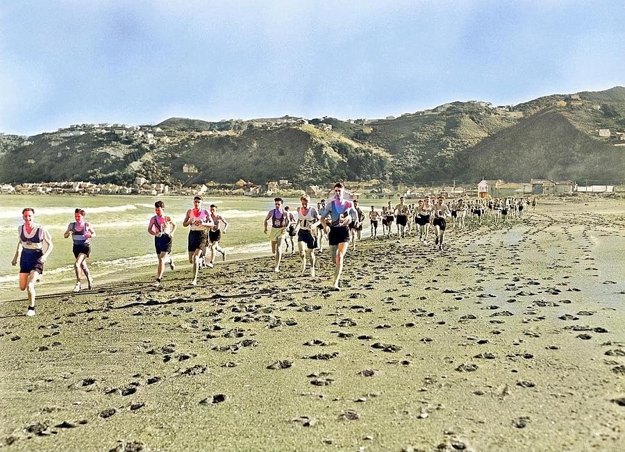 Cross-country Runners Run Along The Beach At Lyall Bay, August 1950 Colorized By Ahmet Asar Painting